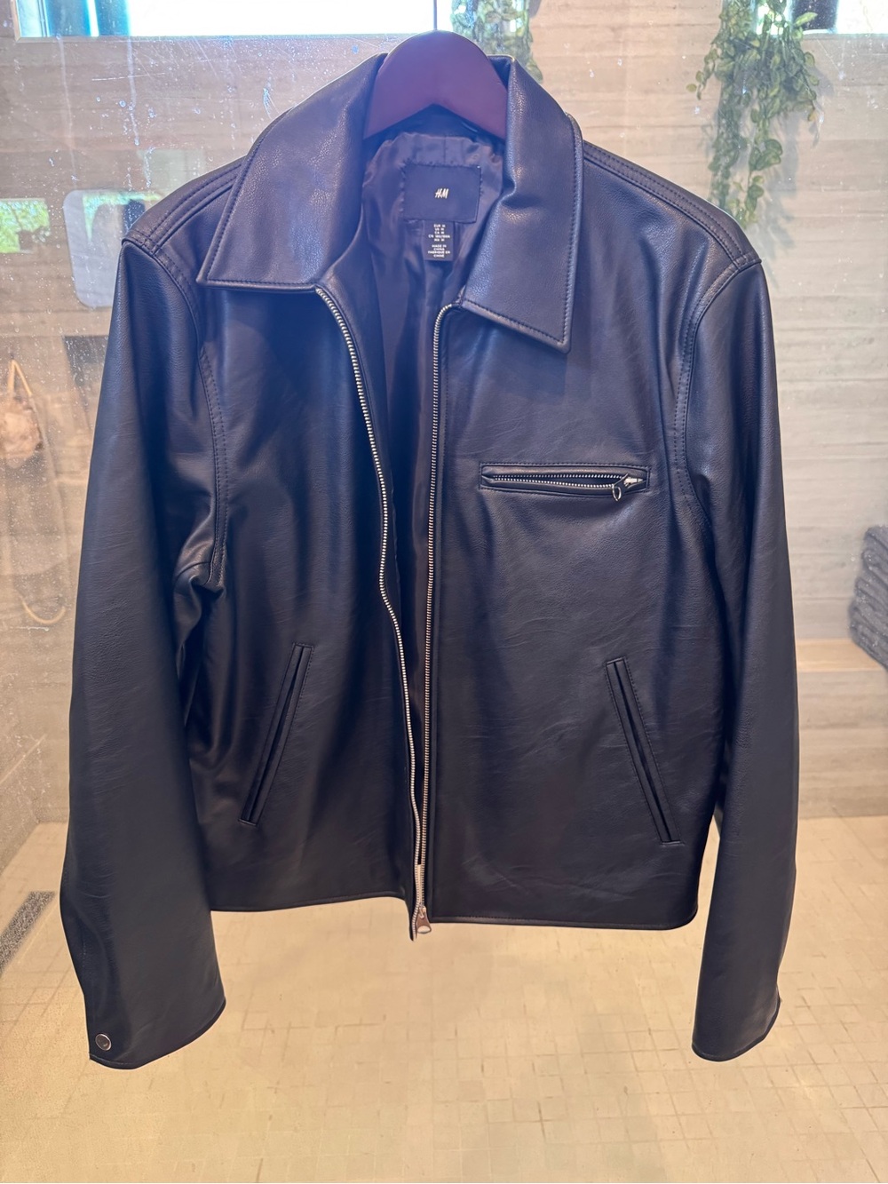 H&M Black Leather Zip-Up Bomber Jacket